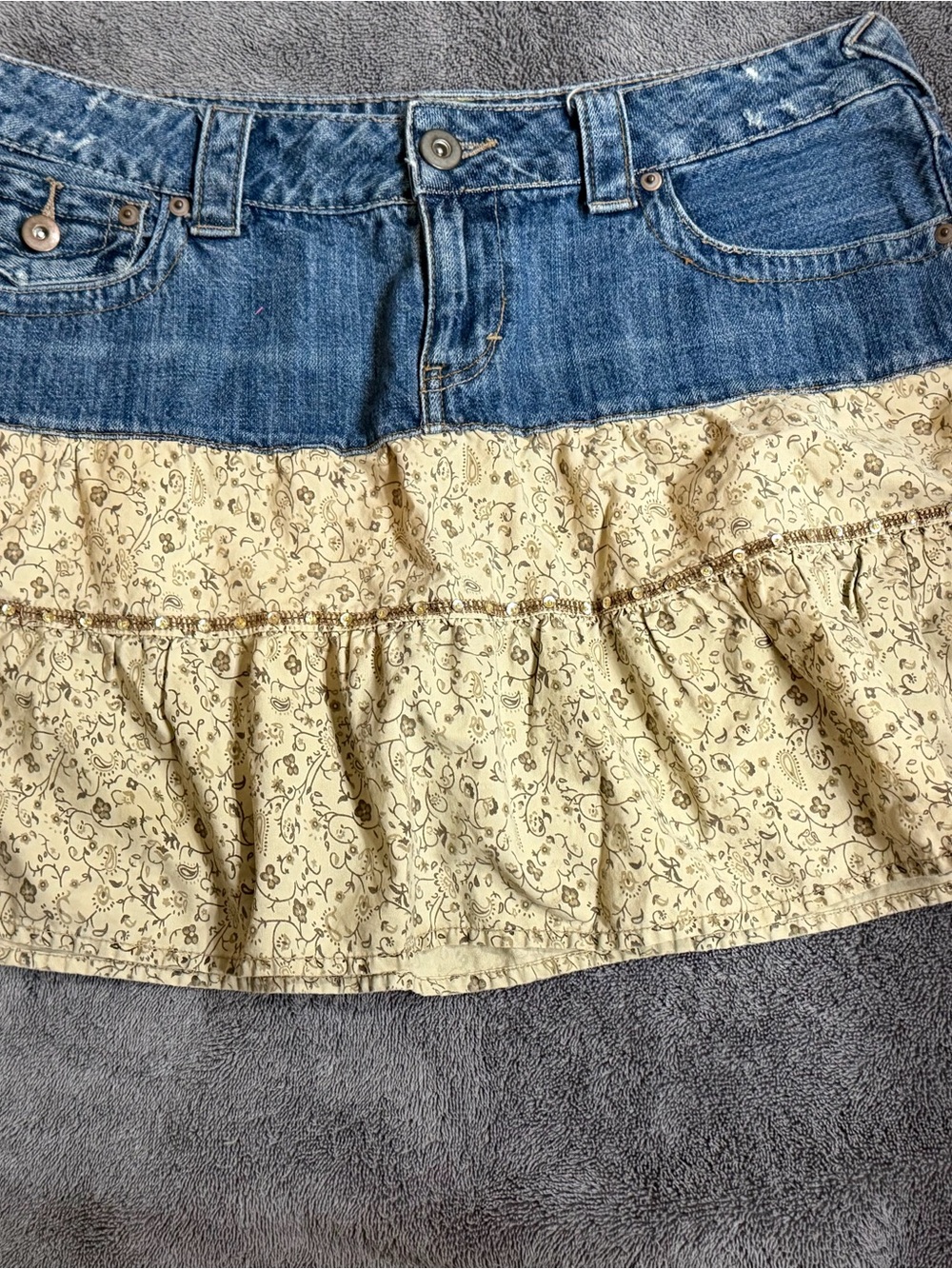 Denim & Cream Floral Tiered Mini Skirt